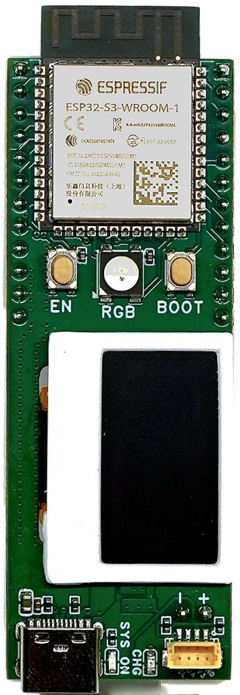 Top of The Crescent City board: ESP32-S3 module, EN and BOOT buttons with an RGB LED, OLED display and USB-C port