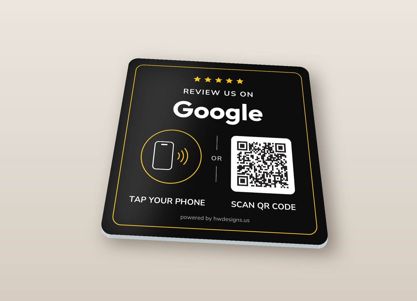 HW DESIGNS Review Tap Sign: black and gold acrylic sign reading Review us on Google, with a tap-your-phone area and a QR code